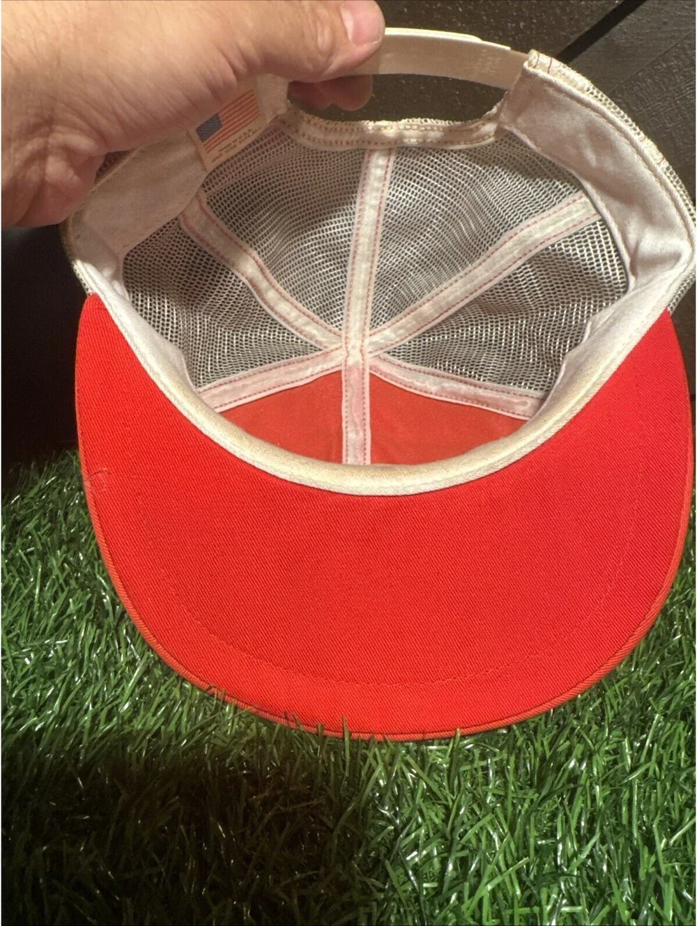 VTG Budweiser Trucker Hat Mesh Snapback Red Orange Bowtie Logo White Piping 80s